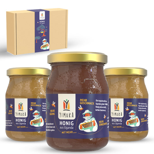 YIMUKA Premium Honig Selektion aus Uganda - Natur Honig ohne Zucker - Nachhaltiger Imker Honig - Waldhonig aus tropischen Blüten - Cremiger Blütenhonig und Rohhonig