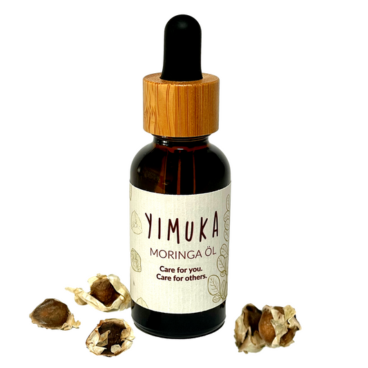YIMUKA 100% Reines Moringa Öl 30ml - Veganes Hautpflegeöl - Unraffiniert & Nachhaltig - Perfekte Feuchtigkeitspflege - Bio, Fair & sozial in Braunglas mit Bambus-Pipette
